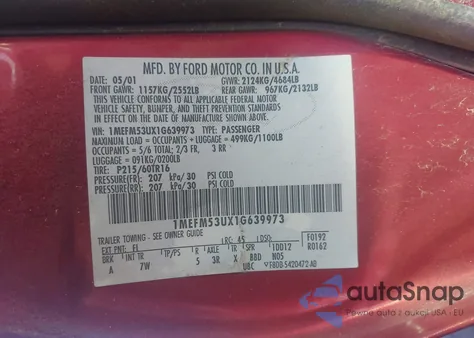 2001 Mercury Sable Ls from USA, damaged, VIN 1MEFM53UX1G639973